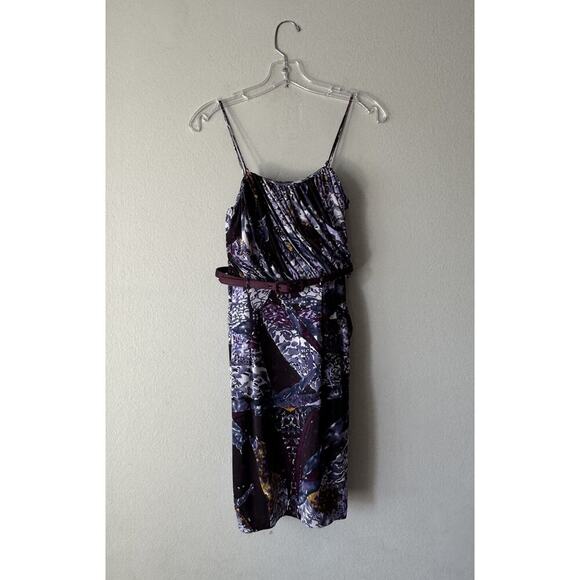 Catherine Malandrino Size P Abstract Purple Print Belted Dress Pockets 100% Silk - Picture 1 of 11